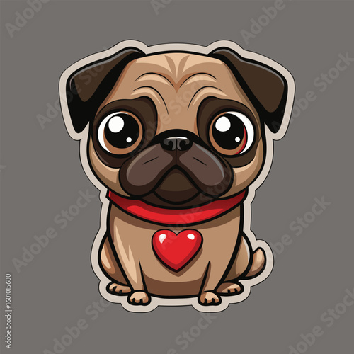 Adorable fawn pug sits patiently wearing a charming red heart collar lovingly indeed
