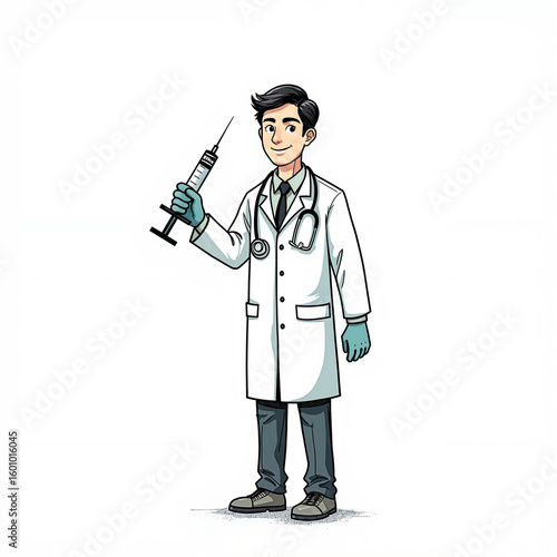 Cartoon doctor holding syringe and smiling in medical attire  