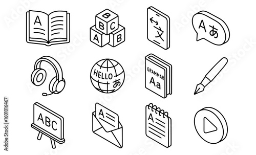 Isometric language learning icons: books, headphones, and tools for education