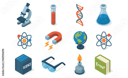 Isometric science icons for educational materials and classroom decor