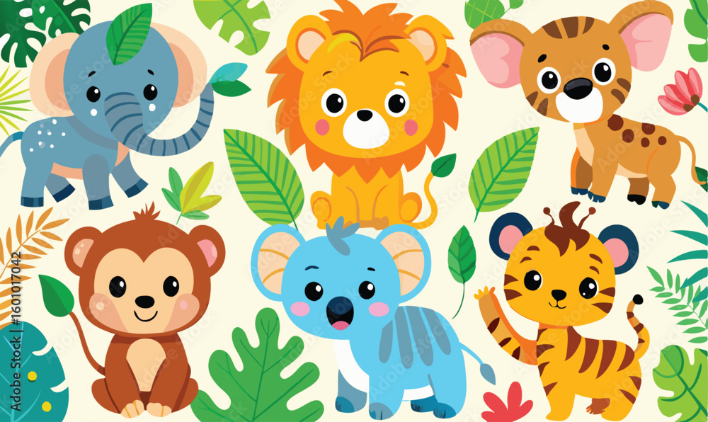 Naklejka premium Cartoon animals like elephant, lion, monkey, tiger, and koala are standing near jungle foliage