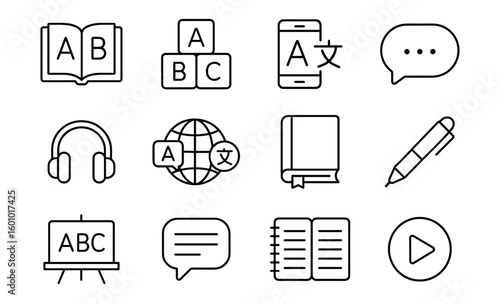 Language learning icon set: line art symbols for communication and education