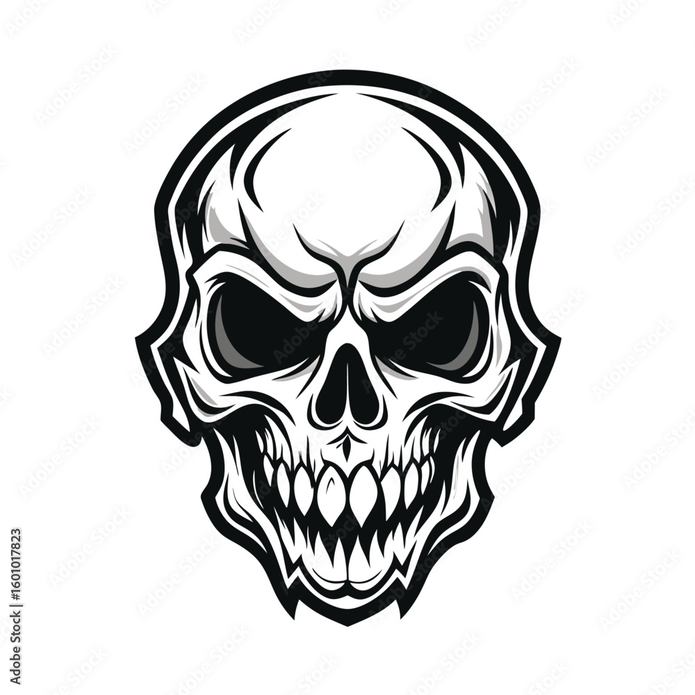 Fototapeta premium A stylized skull displays menacing black eyes and detailed bone structure on the white background