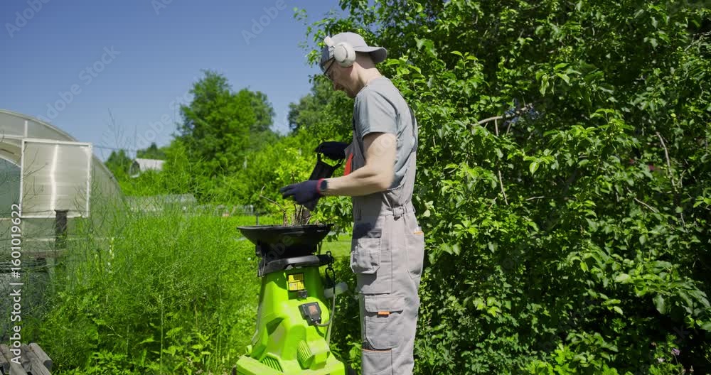 Loading Sticks Man in Headphones Using Garden Branch Shredder on Sunny Summer Day ...