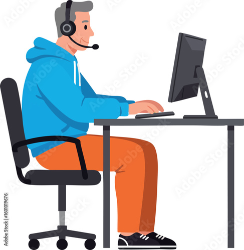 Man wearing headset working on computer at desk in casual clothes vector illustration