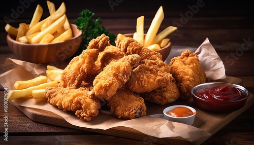 Crispy fried chicken tenders and french fries