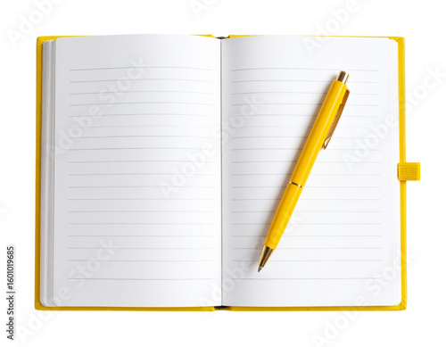 Yellow Notebook with Open Pages and Pen Placed Across, Minimalistic Study Setup, Isolated PNG