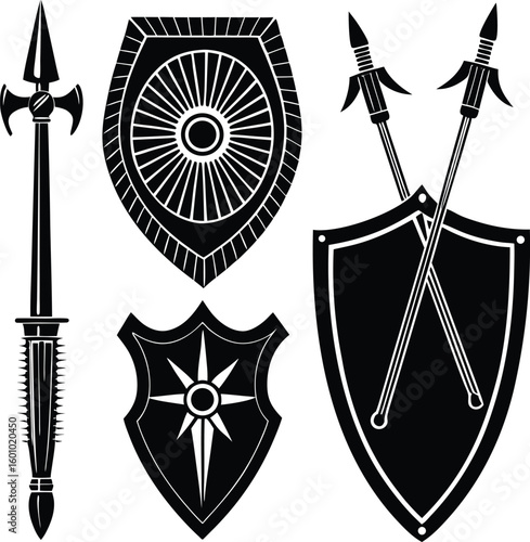 Medieval weaponry and shields silhouette isolated on white background
