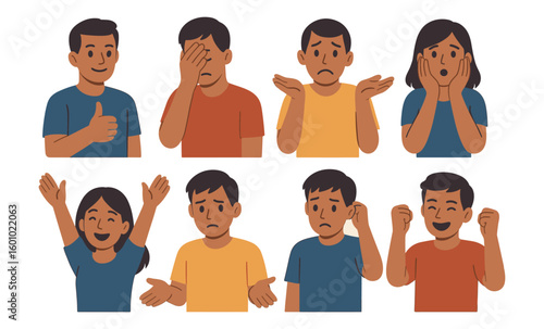Diverse cartoon emotions collection: happy, sad, excited, surprised expressions