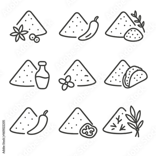 Spice Icons Collection. Line style icons of pantry spices: five spice mix, berbere blend, za’atar mix, ras el hanout, garam masala