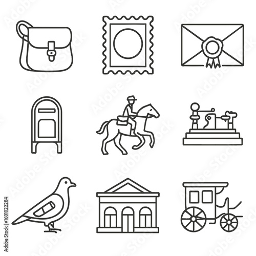 Postal History Icons. Outline style icons of Postal History: antique mailbag, vintage postage stamp, wax-sealed letter, old-style