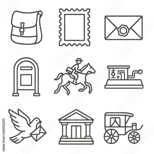 Postal History Icons. Outline style icons of Postal History: antique mailbag, vintage postage stamp, wax-sealed letter, old-style