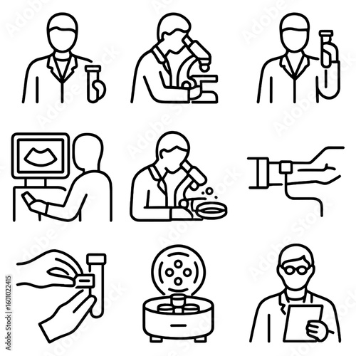Lab Diagnostics Icons. Outline style icons of Lab and Diagnostics Staff: lab coat with vial, microscope worker, lab tech with test
