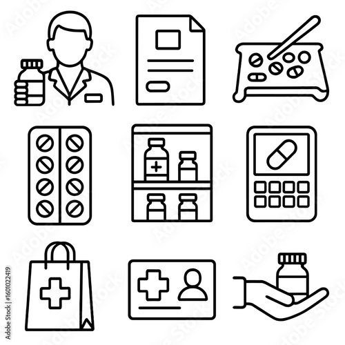 Pharmacy Icons Collection. Outline style icons of Pharmacy Professionals: pharmacist with bottle, prescription label, counting