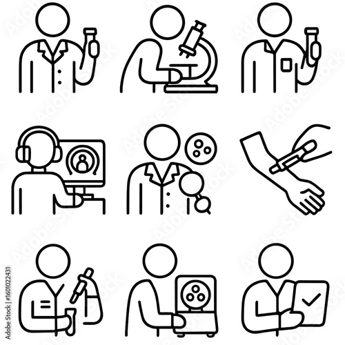 Lab Diagnostics Icons. Outline style icons of Lab and Diagnostics Staff: lab coat with vial, microscope worker, lab tech with test