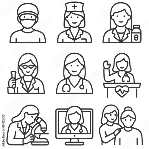 Women in Healthcare Icons. Outline style icons of Women in Healthcare: female surgeon, nurse leader, female pharmacist, research