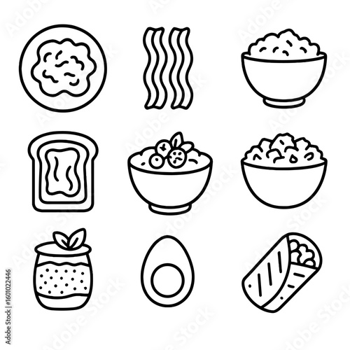 Breakfast Protein Icons. Line style icons of Breakfast Proteins: scrambled eggs plate, turkey bacon, cottage cheese bowl, Greek