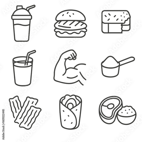 Protein Sports Icons. Line style icons of Protein for Sports: post-workout shake, grilled chicken sandwich, protein bar, recovery