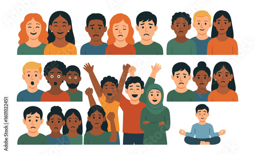 Diverse expressions: multicultural faces and emotions in flat cartoon style