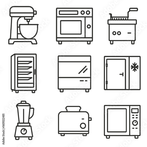 Kitchen Appliance Icons. Outline style icons of Commercial Kitchen Appliances: industrial mixer, restaurant oven, commercial fryer