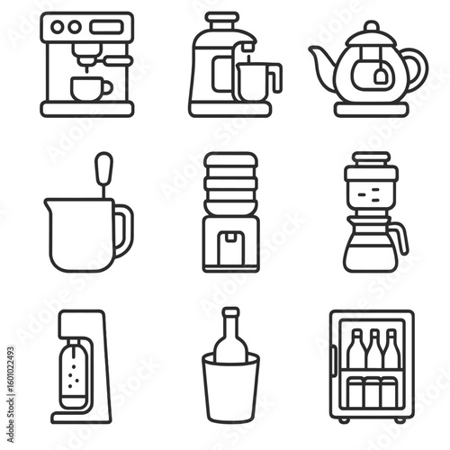 Beverage Appliance Icons. Outline style icons of Beverage Appliances: espresso machine, juicer, tea brewer, milk frother, water