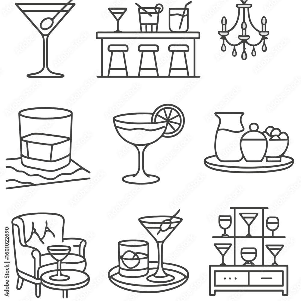 Elegant Bar Icons. Outline style icons of Elegant Bar Settings: crystal martini with garnish, bar counter with cocktails, cocktail Elegant Bar Icons. Outline style icons of Elegant Bar Settings: crystal martini with garnish, bar counter with cocktails, cocktail