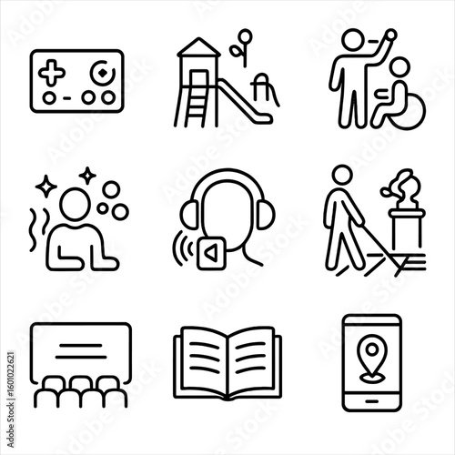 Inclusive Recreation Icons. Outline style icons of Recreation and Leisure Accessibility: adaptive gaming controller, accessible