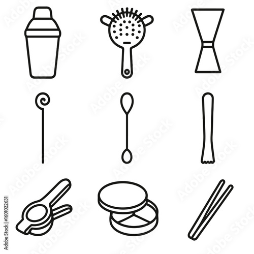 Bar Tools Icons. Outline style icons of Serving Tools: cocktail shaker, strainer, jigger, stirrer, bar spoon, muddler, citrus