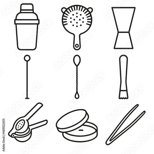 Bar Tools Icons. Outline style icons of Serving Tools: cocktail shaker, strainer, jigger, stirrer, bar spoon, muddler, citrus
