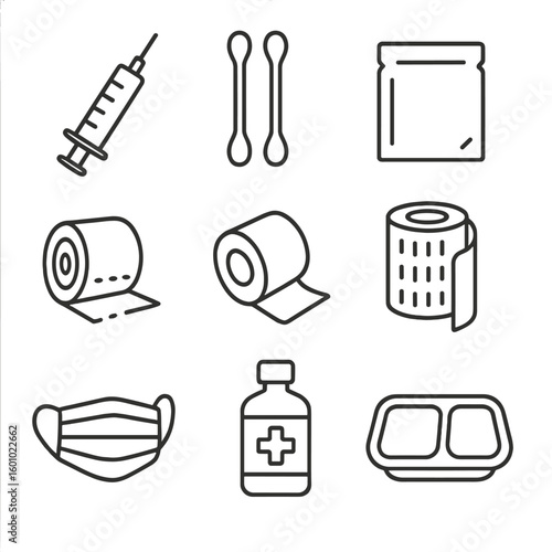 Medical Supplies Icons. Outline style icons of Medical Supplies: syringe, cotton swabs, alcohol pad, medical bandage, adhesive