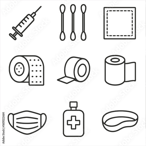 Medical Supplies Icons. Outline style icons of Medical Supplies: syringe, cotton swabs, alcohol pad, medical bandage, adhesive