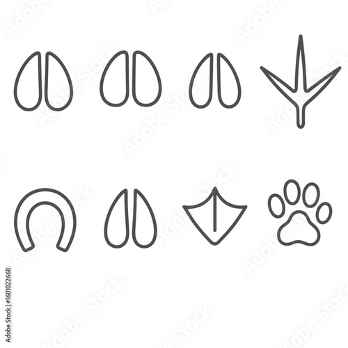 Animal Track Icons. Outline style icons of Animal Tracks: cow hoof print, pig trotter print, sheep hoof print, chicken claw print,