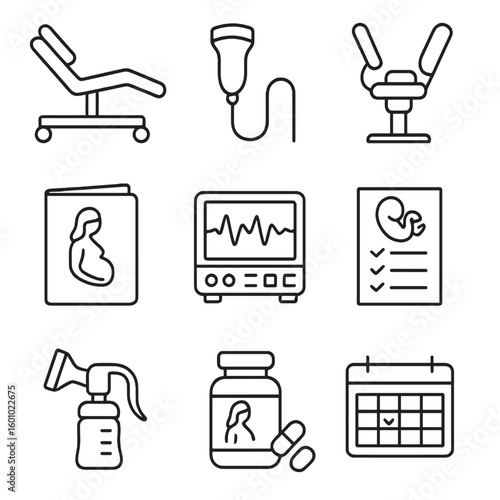 Women's Health Icons. Outline style icons of Women’s Health Unit: prenatal bed, ultrasound wand, OB-GYN chair, maternity booklet,