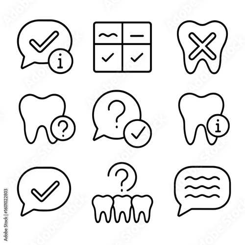 Oral Health Icon Set. Outline style icons of Oral Health Myths vs Facts: bubble with truth icon, myth vs reality chart, red X