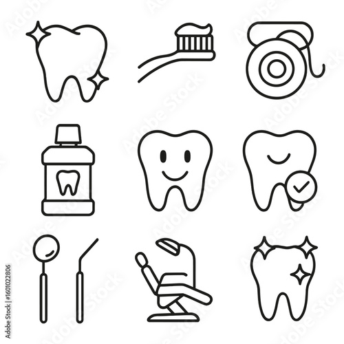 Dental Care Icons. Outline style icons of Clean Tooth Dental Care: sparkling tooth, toothbrush with toothpaste, floss thread,
