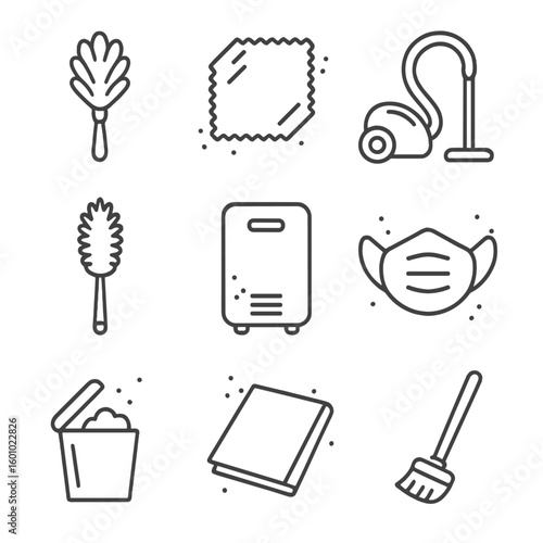Dust Removal Icons. Outline style icons of Dust Removal: feather duster, microfiber cloth, dust vacuum, static duster, air