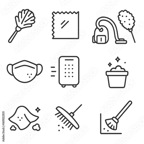 Dust Removal Icons. Outline style icons of Dust Removal: feather duster, microfiber cloth, dust vacuum, static duster, air