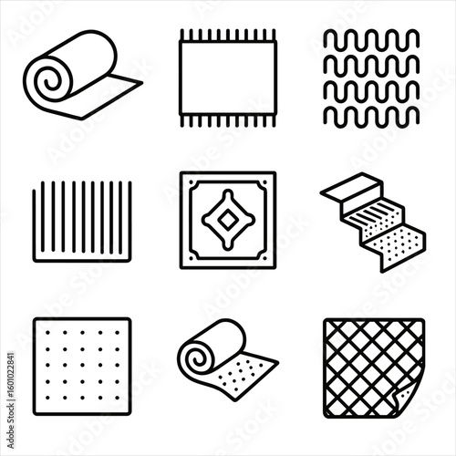 Carpet and Rugs Icons. Outline style icons of Carpet and Rugs as Flooring: carpet roll, floor rug with tassels, textured loop pile