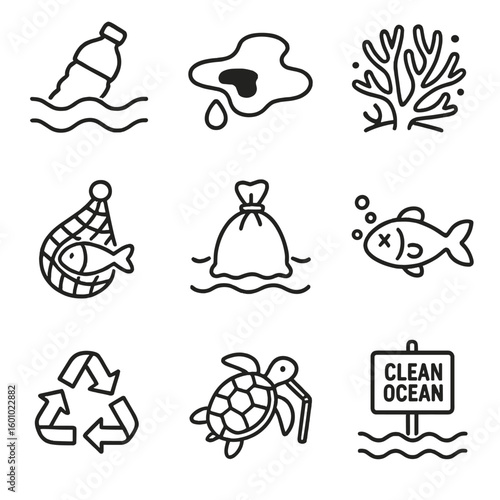 Ocean Pollution Icons. Outline style icons of Ocean Pollution Awareness: plastic bottle in water, oil spill, coral bleaching,