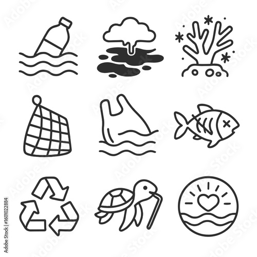 Ocean Pollution Icons. Outline style icons of Ocean Pollution Awareness: plastic bottle in water, oil spill, coral bleaching,