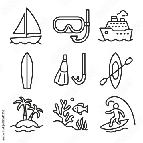 Ocean Adventure Icons. Outline style icons of Ocean Adventure and Travel: sailboat, diving mask, cruise ship, surfboard,