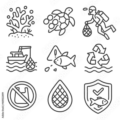 Marine Conservation Icons. Outline style icons of Marine Conservation: coral bleaching, turtle with plastic ring, diver with net,
