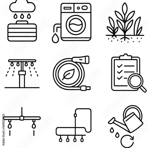 Sustainable Garden Icons. Outline style icons of Sustainable Garden Water Use: rainwater harvesting tank, greywater reuse, mulch