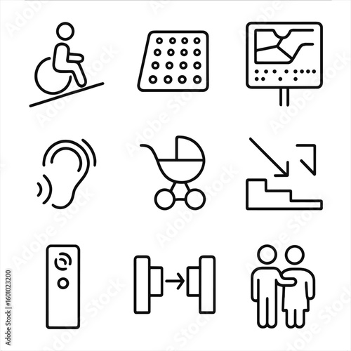 Accessibility Icons Set. Outline style icons of Accessibility at Stops: wheelchair ramp, tactile tiles, Braille map sign, hearing