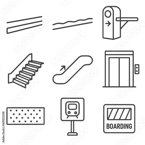 Platform Equipment Icons. Outline style icons of Platform Equipment: platform edge strip, yellow warning line, ticket gate,
