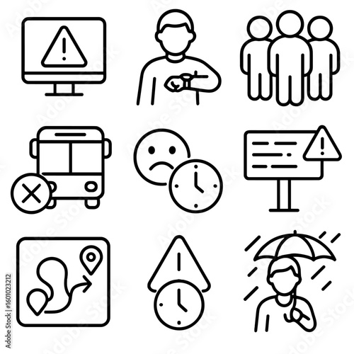 Transit Delay Icons. Outline style icons of Transit Delays: alert icon on screen, person checking watch, crowd building up, missed