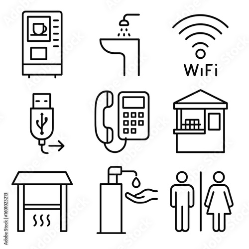 Amenities Icon Set. Outline style icons of Amenities at Waiting Stops: coffee vending machine, water fountain, Wi-Fi zone icon,