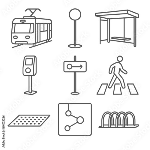 Tram Stop Icons. Outline style icons of Tram and Light Rail Stop: tram stop pole, low platform zone, shelter with glass walls,