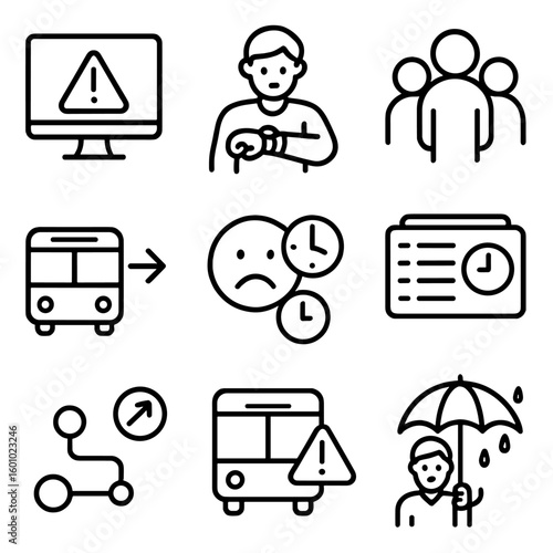Transit Delay Icons. Outline style icons of Transit Delays: alert icon on screen, person checking watch, crowd building up, missed