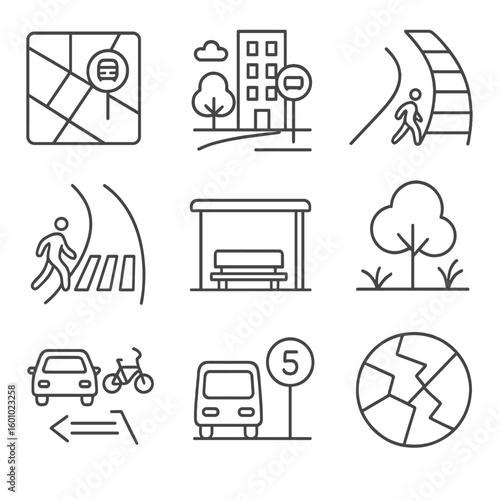 Urban Planning Icons. Outline style icons of Urban Planning Stop Integration: street stop placement map, transit-oriented design